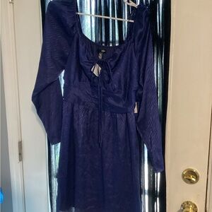 Aqua Navy Tie-Front Long Sleeve Dress